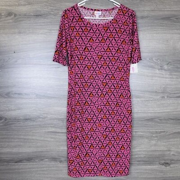 LuLaRoe | Medium Colorblock Geometric Julia Midi Dress | Pink Black Red - Picture 1 of 4